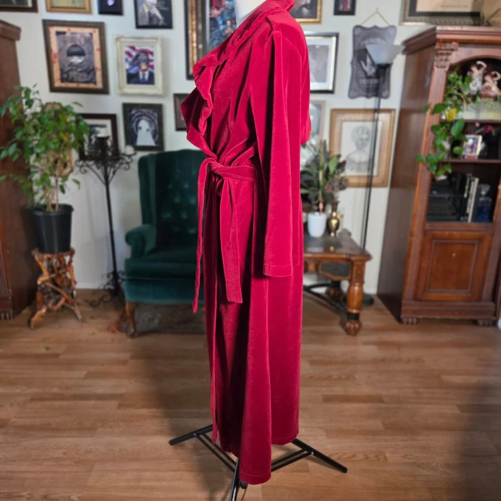 Vintage 80s Diamond Tea Red Velvet Robe Ruffle Collar‎ Long Dress Gown Robe